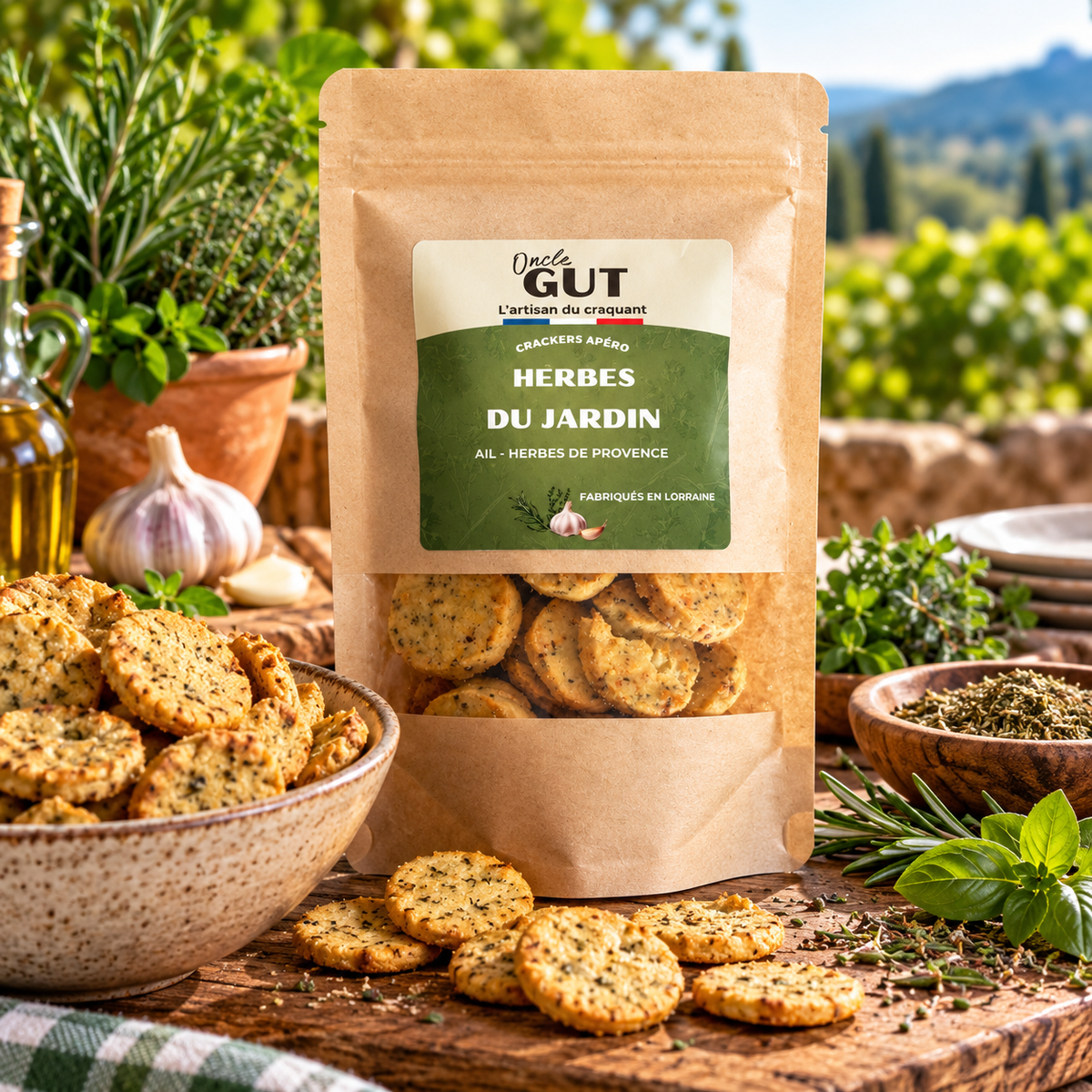 Crackers Apéro Herbes du Jardin – Ail & Herbes de Provence – Oncle Gut – 100 g