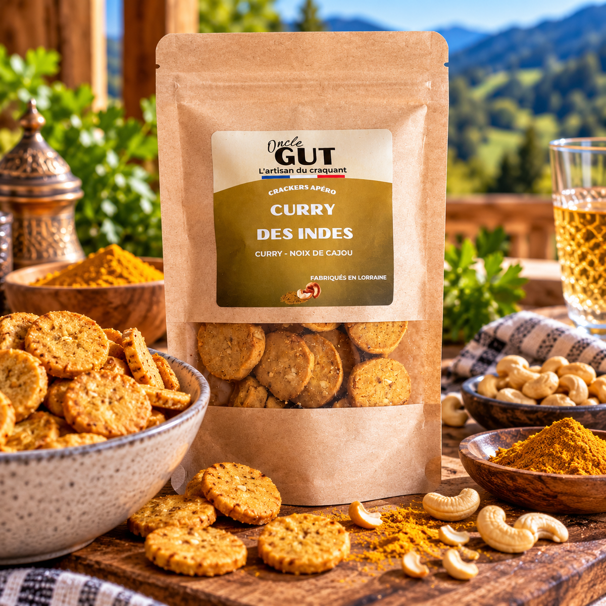 Crackers Apéro Curry des Indes – Curry & Noix de Cajou – Oncle Gut – 100 g