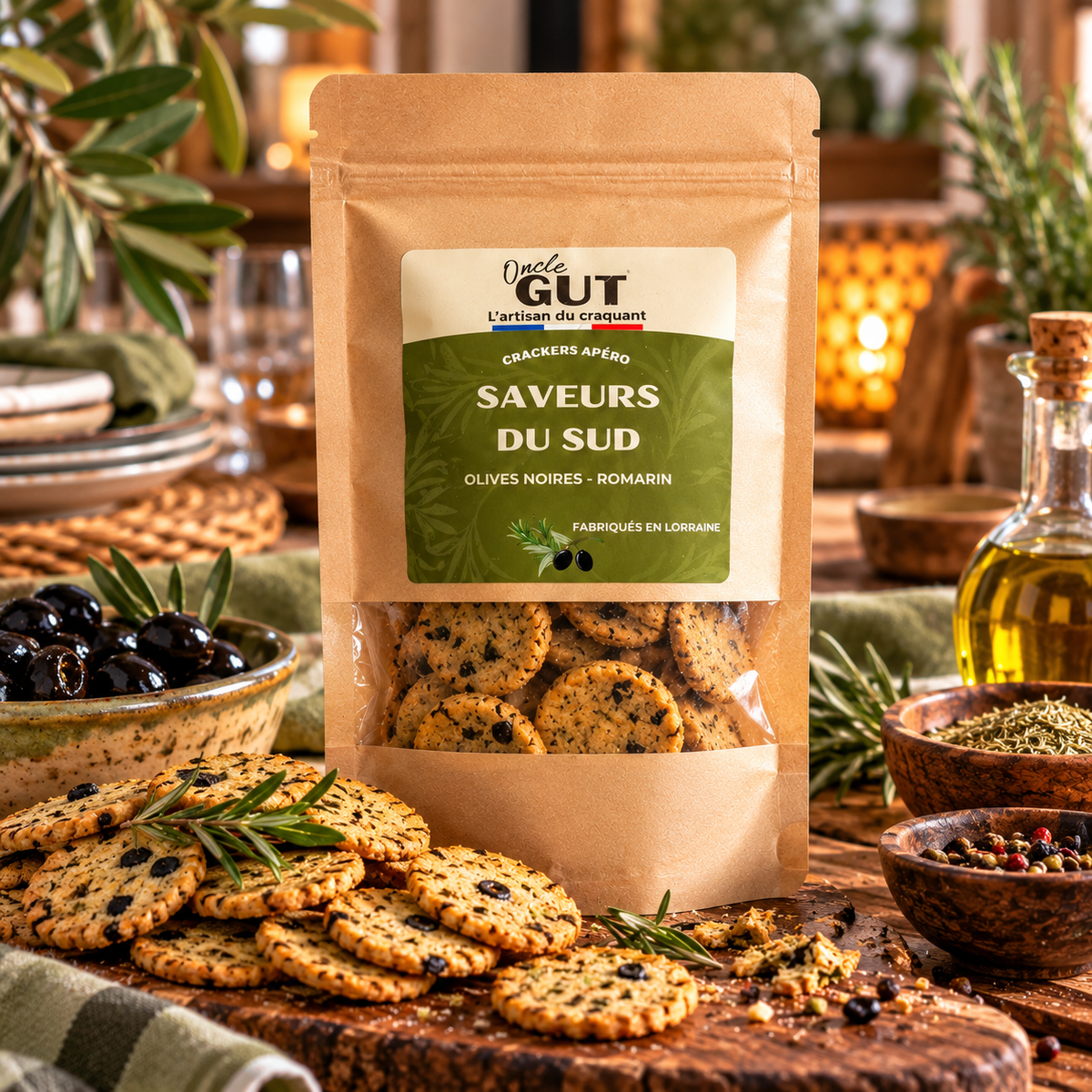 Crackers Apéro Saveurs du Sud – Olives Noires & Romarin – Oncle Gut – 100 g