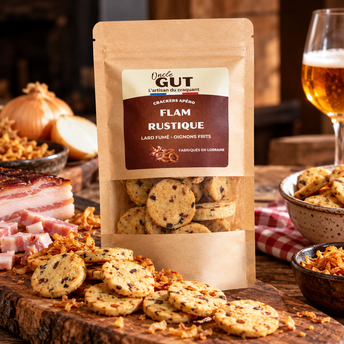 Crackers Apéro Flam' Rustique – Lard Fumé & Oignons Frits – Oncle Gut